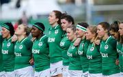 9 February 2020; Ireland players stand for the national anthems prior to the Women's Six Nations Rugby Championship match between Ireland and Wales at Energia Park in Dublin. Photo by Ramsey Cardy/Sportsfile