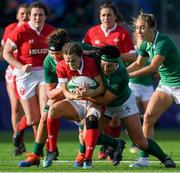 9 February 2020; Jasmine Joyce of Wales is tackled by Aoife McDermott, left, and Lindsay Peat of Ireland during the Women's Six Nations Rugby Championship match between Ireland and Wales at Energia Park in Dublin. Photo by Ramsey Cardy/Sportsfile