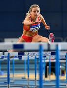 9 February 2020; Sarah Quinn of St Colmans South Mayo AC, competing in the Senior Women's 60m Hurdles during the AAI National Indoor Games at the Sport Ireland National Indoor Arena on the Sport Ireland Campus in Dublin. Photo by Eóin Noonan/Sportsfile
