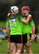 8 February 2020; Chris Nolan, left, and Mark Slevin of IT Carlow celebrate following the Fitzgibbon Cup Semi-Final match between Mary Immaculate College Limerick and IT Carlow at Dublin City University Sportsgrounds. Photo by Sam Barnes/Sportsfile