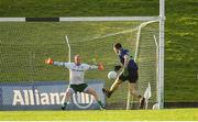 9 February 2020; Kevin McLoughlin of Mayo shoots to score his side's first goal past Meath goalkeeper Marcus Brennan during the Allianz Football League Division 1 Round 3 match between Meath and Mayo at Páirc Tailteann in Navan, Meath. Photo by Seb Daly/Sportsfile