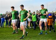 9 February 2020; Meath players, from left, Thomas O’Reilly, Bryan McMahon and Bryan Menton following their side's defeat during the Allianz Football League Division 1 Round 3 match between Meath and Mayo at Páirc Tailteann in Navan, Meath. Photo by Seb Daly/Sportsfile