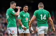 8 February 2020; Ireland players, from left, Jonathan Sexton, Bundee Aki and Andrew Conway during the Guinness Six Nations Rugby Championship match between Ireland and Wales at Aviva Stadium in Dublin. Photo by Brendan Moran/Sportsfile