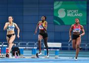 9 February 2020; Athletes from left, Ciara Neville of Emerald AC, Limerick, Rhasidat Adeleke of Tallaght AC, Dublin, and Patience Jumbo-Gula of Dundalk St Gerards AC, Louth, competing in the Senior Women's 60m during the AAI National Indoor Games at the Sport Ireland National Indoor Arena on the Sport Ireland Campus in Dublin. Photo by Eóin Noonan/Sportsfile