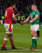 8 February 2020; Taulupe Faletau of Wales and Dave Kilcoyne of Ireland shake hands after the Guinness Six Nations Rugby Championship match between Ireland and Wales at Aviva Stadium in Dublin. Photo by Brendan Moran/Sportsfile