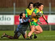 9 February 2020; Nicole Gordon of Donegal in action against Fabienne Cooney of Galway during the 2020 Lidl Ladies National Football League Division 1 Round 3 match between Donegal and Galway at O'Donnell Park in Letterkenny, Donegal. Photo by Oliver McVeigh/Sportsfile