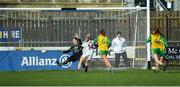 9 February 2020; Tracey Leonard of Galway scoring her sides second goal against Denise McElhinney of Donegal during the 2020 Lidl Ladies National Football League Division 1 Round 3 match between Donegal and Galway at O'Donnell Park in Letterkenny, Donegal. Photo by Oliver McVeigh/Sportsfile