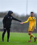 8 February 2020; Cork City assistant coach Alan Bennett consoles Cian Coleman after he is asked to leave the pitch during the pre-season friendly match between Cork City and Longford Town at Cork City training ground in Bishopstown, Cork. Photo by Eóin Noonan/Sportsfile
