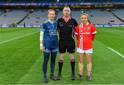 8 February 2020; Referee Niall McCormack with team captains Ciara Trant of Dublin, left, and Aisling Hutchings of Cork prior to the Lidl Ladies National Football League Division 1 Round 3 match between Dublin and Cork at Croke Park in Dublin. Photo by Seb Daly/Sportsfile