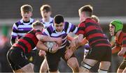5 February 2020; Yousif Ajina of Terenure College is tackled by Adam Cope, left, and Daniel Manning of Kilkenny College during the Bank of Ireland Leinster Schools Junior Cup First Round match between Terenure College and Kilkenny College at Naas RFC in Naas, Kildare. Photo by Piaras Ó Mídheach/Sportsfile