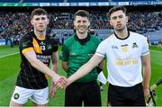 18 January 2020; Referee Seán Stack with team captains James Bergin of Conahy Shamrocks and Daniel Moynihan of Russell Rovers before the AIB GAA Hurling All-Ireland Junior Club Championship Final between Russell Rovers and Conahy Shamrocks at Croke Park in Dublin. Photo by Piaras Ó Mídheach/Sportsfile