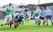 11 February 2020; Lee Barron of St Michaels College dives over to score his side's fourth try despite the tackle of George Kenny of Gonzaga College during the Bank of Ireland Leinster Schools Senior Cup Second Round match between Gonzaga College and St Michaels College at Energia Park in Dublin. Photo by Ramsey Cardy/Sportsfile