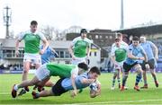 11 February 2020; Lee Barron of St Michaels College dives over to score his side's third try despite the tackle of George Kenny of Gonzaga College during the Bank of Ireland Leinster Schools Senior Cup Second Round match between Gonzaga College and St Michaels College at Energia Park in Dublin. Photo by Ramsey Cardy/Sportsfile