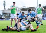 11 February 2020; Lee Barron of St Michaels College celebrates with team-mates Fintan Gunne, left, and Dylan Ryan after scoring his side's fourth try during the Bank of Ireland Leinster Schools Senior Cup Second Round match between Gonzaga College and St Michaels College at Energia Park in Dublin. Photo by Ramsey Cardy/Sportsfile