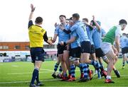 11 February 2020; St Michaels College players celebrate their side's fourth try scored by Lee Barron, left, during the Bank of Ireland Leinster Schools Senior Cup Second Round match between Gonzaga College and St Michaels College at Energia Park in Dublin. Photo by Ramsey Cardy/Sportsfile