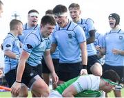 11 February 2020; St Michaels College players celebrate their side's fourth try scored by Lee Barron, centre, during the Bank of Ireland Leinster Schools Senior Cup Second Round match between Gonzaga College and St Michaels College at Energia Park in Dublin. Photo by Ramsey Cardy/Sportsfile