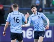 11 February 2020; Chris Cosgrave, right, and Zach Baird of St Michaels College following the Bank of Ireland Leinster Schools Senior Cup Second Round match between Gonzaga College and St Michaels College at Energia Park in Dublin. Photo by Ramsey Cardy/Sportsfile