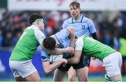 11 February 2020; Simon O'Kelly of St Michaels College is tackled by George Kenny, left, and Callum Murphy of Gonzaga College during the Bank of Ireland Leinster Schools Senior Cup Second Round match between Gonzaga College and St Michaels College at Energia Park in Dublin. Photo by Ramsey Cardy/Sportsfile