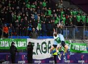 11 February 2020; Davy Colbert of Gonzaga College in action against Chris Cosgrave, left, and Eddie Kelly of St Michaels College during the Bank of Ireland Leinster Schools Senior Cup Second Round match between Gonzaga College and St Michaels College at Energia Park in Dublin. Photo by Ramsey Cardy/Sportsfile