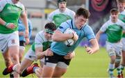 11 February 2020; Lee Barron of St Michaels College dives over to score his side's fourth try despite the tackle of George Kenny of Gonzaga College during the Bank of Ireland Leinster Schools Senior Cup Second Round match between Gonzaga College and St Michaels College at Energia Park in Dublin. Photo by Joe Walsh/Sportsfile