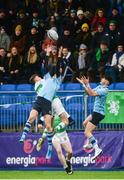 11 February 2020; Davy Colbert of Gonzaga College in action against Chris Cosgrave, right, and Eddie Kelly of St Michaels College during the Bank of Ireland Leinster Schools Senior Cup Second Round match between Gonzaga College and St Michaels College at Energia Park in Dublin. Photo by Joe Walsh/Sportsfile