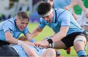 11 February 2020; Lee Barron of St Michaels College celebrates with team-mates Fintan Gunne, left, and Dylan Ryan after scoring his side's fourth try during the Bank of Ireland Leinster Schools Senior Cup Second Round match between Gonzaga College and St Michaels College at Energia Park in Dublin. Photo by Joe Walsh/Sportsfile