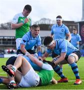 11 February 2020; Lee Barron of St Michaels College celebrates with team-mates Fintan Gunne, left, and Dylan Ryan after scoring his side's fourth try during the Bank of Ireland Leinster Schools Senior Cup Second Round match between Gonzaga College and St Michaels College at Energia Park in Dublin. Photo by Ramsey Cardy/Sportsfile