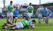 11 February 2020; Fintan Gunne, left, and Dylan Ryan of St Michaels College celebrate their side's fourth try during the Bank of Ireland Leinster Schools Senior Cup Second Round match between Gonzaga College and St Michaels College at Energia Park in Dublin. Photo by Ramsey Cardy/Sportsfile