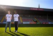 12 February 2020; Kris Twardek, left, and Andre Wright during the launch of the Bohemians FC 2020 away jersey at Dalymount Park in Dublin. Bohemian FC launched their 2020 away jersey, with the iconic and harrowing image of a family fleeing war taking centre place. They’re launching the away jersey in partnership with Amnesty International Ireland, to campaign together for an end to the Direct Provision system. Photo by Stephen McCarthy/Sportsfile