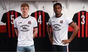 12 February 2020; Kris Twardek, left, and Andre Wright during the launch of the Bohemians FC 2020 away jersey at Dalymount Park in Dublin. Bohemian FC launched their 2020 away jersey, with the iconic and harrowing image of a family fleeing war taking centre place. They’re launching the away jersey in partnership with Amnesty International Ireland, to campaign together for an end to the Direct Provision system. Photo by Stephen McCarthy/Sportsfile