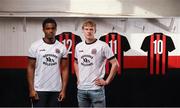 12 February 2020; Andre Wright, left, and Kris Twardek during the launch of the Bohemians FC 2020 away jersey at Dalymount Park in Dublin. Bohemian FC launched their 2020 away jersey, with the iconic and harrowing image of a family fleeing war taking centre place. They’re launching the away jersey in partnership with Amnesty International Ireland, to campaign together for an end to the Direct Provision system. Photo by Stephen McCarthy/Sportsfile