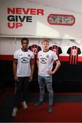 12 February 2020; Andre Wright, left, and Kris Twardek during the launch of the Bohemians FC 2020 away jersey at Dalymount Park in Dublin. Bohemian FC launched their 2020 away jersey, with the iconic and harrowing image of a family fleeing war taking centre place. They’re launching the away jersey in partnership with Amnesty International Ireland, to campaign together for an end to the Direct Provision system. Photo by Stephen McCarthy/Sportsfile