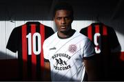 12 February 2020; Andre Wright during the launch of the Bohemians FC 2020 away jersey at Dalymount Park in Dublin. Bohemian FC launched their 2020 away jersey, with the iconic and harrowing image of a family fleeing war taking centre place. They’re launching the away jersey in partnership with Amnesty International Ireland, to campaign together for an end to the Direct Provision system. Photo by Stephen McCarthy/Sportsfile