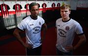 12 February 2020; Andre Wright, left, and Kris Twardek during the launch of the Bohemians FC 2020 away jersey at Dalymount Park in Dublin. Bohemian FC launched their 2020 away jersey, with the iconic and harrowing image of a family fleeing war taking centre place. They’re launching the away jersey in partnership with Amnesty International Ireland, to campaign together for an end to the Direct Provision system. Photo by Sam Barnes/Sportsfile