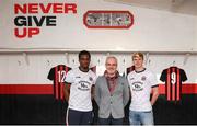 12 February 2020; Andre Wright, left, Colm O’Gorman, Executive Director of Amnesty International Ireland, and Kris Twardek, right, during the launch of the Bohemians FC 2020 away jersey at Dalymount Park in Dublin. Bohemian FC launched their 2020 away jersey, with the iconic and harrowing image of a family fleeing war taking centre place. They’re launching the away jersey in partnership with Amnesty International Ireland, to campaign together for an end to the Direct Provision system. Photo by Stephen McCarthy/Sportsfile