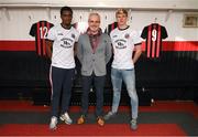 12 February 2020; Andre Wright, left, Colm O’Gorman, Executive Director of Amnesty International Ireland, and Kris Twardek, right, during the launch of the Bohemians FC 2020 away jersey at Dalymount Park in Dublin. Bohemian FC launched their 2020 away jersey, with the iconic and harrowing image of a family fleeing war taking centre place. They’re launching the away jersey in partnership with Amnesty International Ireland, to campaign together for an end to the Direct Provision system. Photo by Stephen McCarthy/Sportsfile