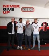 12 February 2020; Daniel Lambert, Bohemian FC Marketing & Commercial Director, left, Andre Wright, Colm O’Gorman, Executive Director of Amnesty International Ireland, and Kris Twardek, right, during the launch of the Bohemians FC 2020 away jersey at Dalymount Park in Dublin. Bohemian FC launched their 2020 away jersey, with the iconic and harrowing image of a family fleeing war taking centre place. They’re launching the away jersey in partnership with Amnesty International Ireland, to campaign together for an end to the Direct Provision system. Photo by Stephen McCarthy/Sportsfile