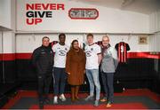 12 February 2020; Bohemians manager Keith Long, left, Andre Wright, Mpho Mokotso, representative for MASI, Kris Twardek, and Colm O’Gorman, Executive Director of Amnesty International Ireland, right, during the launch of the Bohemians FC 2020 away jersey at Dalymount Park in Dublin. Bohemian FC launched their 2020 away jersey, with the iconic and harrowing image of a family fleeing war taking centre place. They’re launching the away jersey in partnership with Amnesty International Ireland, to campaign together for an end to the Direct Provision system. Photo by Stephen McCarthy/Sportsfile