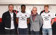 12 February 2020; Daniel Lambert, Bohemian FC Marketing & Commercial Director, left, Andre Wright, Colm O’Gorman, Executive Director of Amnesty International Ireland, and Kris Twardek, right, during the launch of the Bohemians FC 2020 away jersey at Dalymount Park in Dublin. Bohemian FC launched their 2020 away jersey, with the iconic and harrowing image of a family fleeing war taking centre place. They’re launching the away jersey in partnership with Amnesty International Ireland, to campaign together for an end to the Direct Provision system. Photo by Stephen McCarthy/Sportsfile
