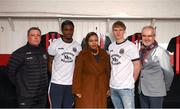 12 February 2020; Bohemians manager Keith Long, left, Andre Wright, Mpho Mokotso, representative for MASI, Kris Twardek, and Colm O’Gorman, Executive Director of Amnesty International Ireland, right, during the launch of the Bohemians FC 2020 away jersey at Dalymount Park in Dublin. Bohemian FC launched their 2020 away jersey, with the iconic and harrowing image of a family fleeing war taking centre place. They’re launching the away jersey in partnership with Amnesty International Ireland, to campaign together for an end to the Direct Provision system. Photo by Stephen McCarthy/Sportsfile