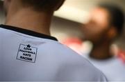 12 February 2020; A detailed view of the words &quot;Love Football Hate Racism&quot; on the Bohemians FC 2020 away jersey at Dalymount Park in Dublin. Bohemian FC launched their 2020 away jersey, with the iconic and harrowing image of a family fleeing war taking centre place. They’re launching the away jersey in partnership with Amnesty International Ireland, to campaign together for an end to the Direct Provision system. Photo by Stephen McCarthy/Sportsfile