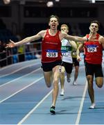 25 January 2020; Cathal Crosbie of Ennis Track AC, Clare, celerbates winning the U23 Men's 400m during the Irish Life Health National Indoor Junior and U23 Championships at the AIT Indoor Arena in Athlone, Westmeath. Photo by Sam Barnes/Sportsfile