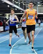25 January 2020; Mark Milner of UCD AC, Dublin, right, crosses the line to win the U23 Men's 800m, ahead of Philip Marron of Ratoath AC, Meath, during the Irish Life Health National Indoor Junior and U23 Championships at the AIT Indoor Arena in Athlone, Westmeath. Photo by Sam Barnes/Sportsfile