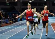 25 January 2020; Cathal Crosbie of Ennis Track AC, Clare, celerbates winning the U23 Men's 400m during the Irish Life Health National Indoor Junior and U23 Championships at the AIT Indoor Arena in Athlone, Westmeath. Photo by Sam Barnes/Sportsfile