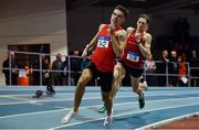 25 January 2020; Cathal Locke of Dooneen AC, Limerick, left, and Cathal Crosbie of Ennis Track AC, Clare, competiting in the U23 Men's 400m during the Irish Life Health National Indoor Junior and U23 Championships at the AIT Indoor Arena in Athlone, Westmeath. Photo by Sam Barnes/Sportsfile