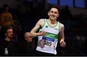 25 January 2020; Mark Smyth of Raheny Shamrock AC, Dublin, celebrates winning the U23 Men's 200m during the Irish Life Health National Indoor Junior and U23 Championships at the AIT Indoor Arena in Athlone, Westmeath. Photo by Sam Barnes/Sportsfile