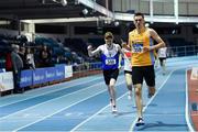 25 January 2020; Mark Milner of UCD AC, Dublin, right, crosses the line to win the U23 Men's 800m, ahead of Philip Marron of Ratoath AC, Meath, during the Irish Life Health National Indoor Junior and U23 Championships at the AIT Indoor Arena in Athlone, Westmeath. Photo by Sam Barnes/Sportsfile