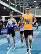 25 January 2020; Mark Milner of UCD AC, Dublin, right, crosses the line to win the U23 Men's 800m, ahead of Philip Marron of Ratoath AC, Meath, during the Irish Life Health National Indoor Junior and U23 Championships at the AIT Indoor Arena in Athlone, Westmeath. Photo by Sam Barnes/Sportsfile