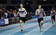 25 January 2020; Jack Raftery of Donore Harriers, Dublin, left, on his way to winning the Junior Men's 400m ahead of Ciaran Carthy of Dundrum South Dublin AC, during the Irish Life Health National Indoor Junior and U23 Championships at the AIT Indoor Arena in Athlone, Westmeath. Photo by Sam Barnes/Sportsfile