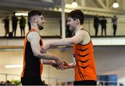 25 January 2020; Darragh Miniter of Nenagh Olympic AC, Tipperary, left, and Joseph Mc Evoy of Nenagh Olympic AC, embrace after competing in the Junior Men's 60m Hurdles during the Irish Life Health National Indoor Junior and U23 Championships at the AIT Indoor Arena in Athlone, Westmeath. Photo by Sam Barnes/Sportsfile